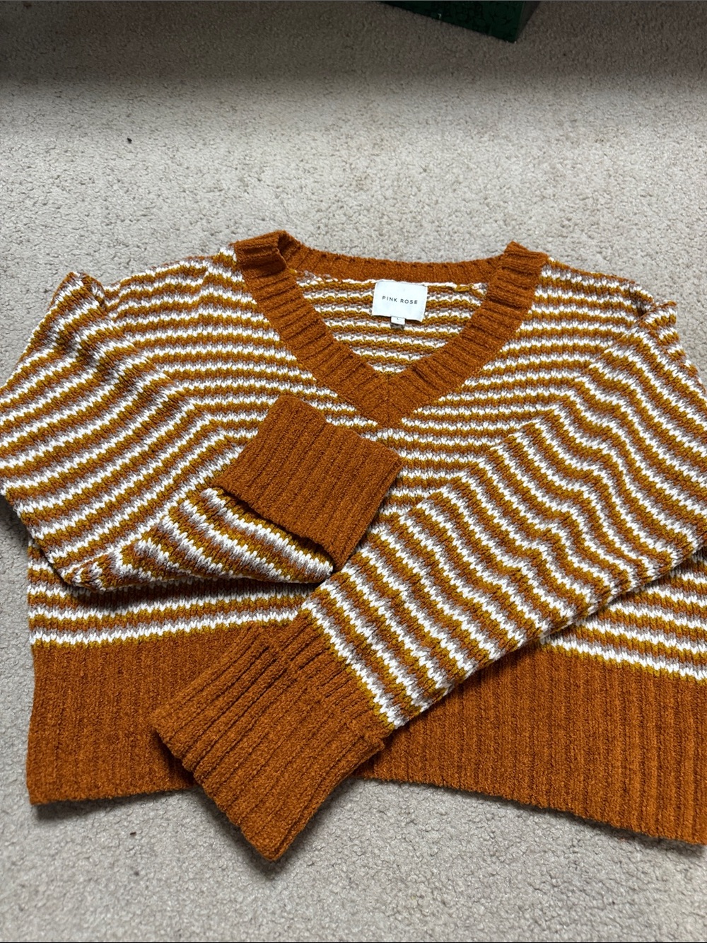 Pink Rose Rust & White Striped V-Neck Knit Sweater